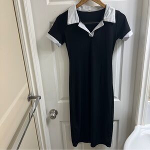 Black White Contrast Ribbed Collared V Neck Short Sleeve Midi Dress
